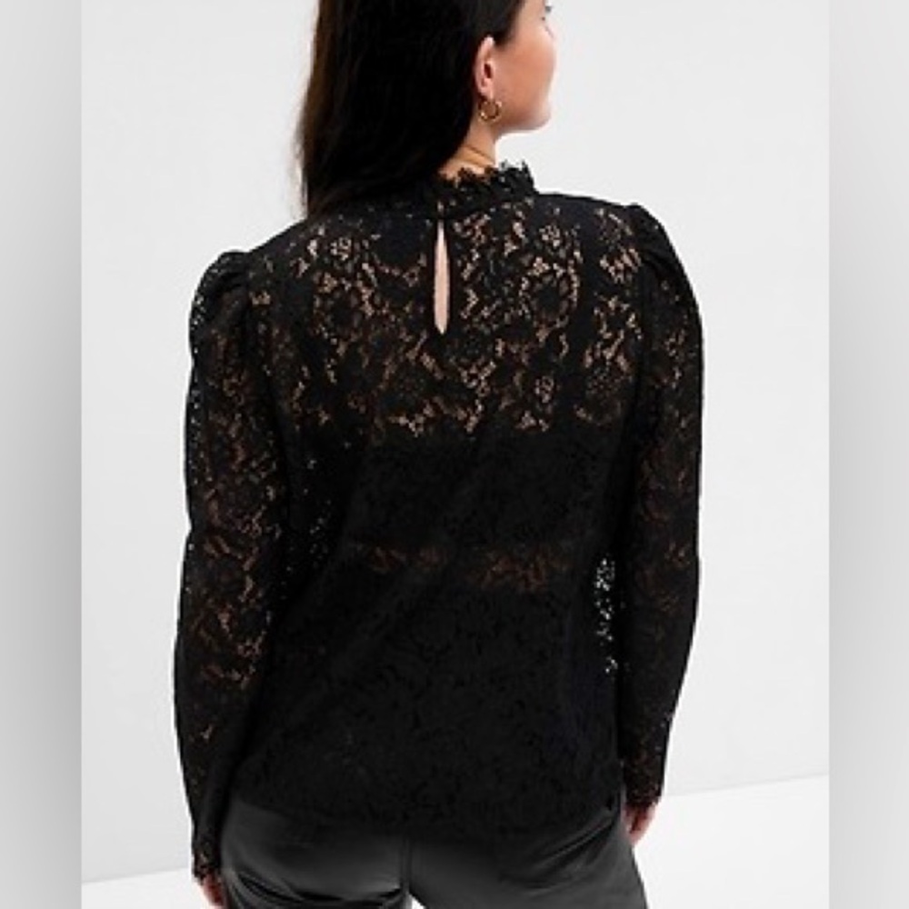Puff Sleeve Ruffle Neck Lace Top blouse see through design in black Primark